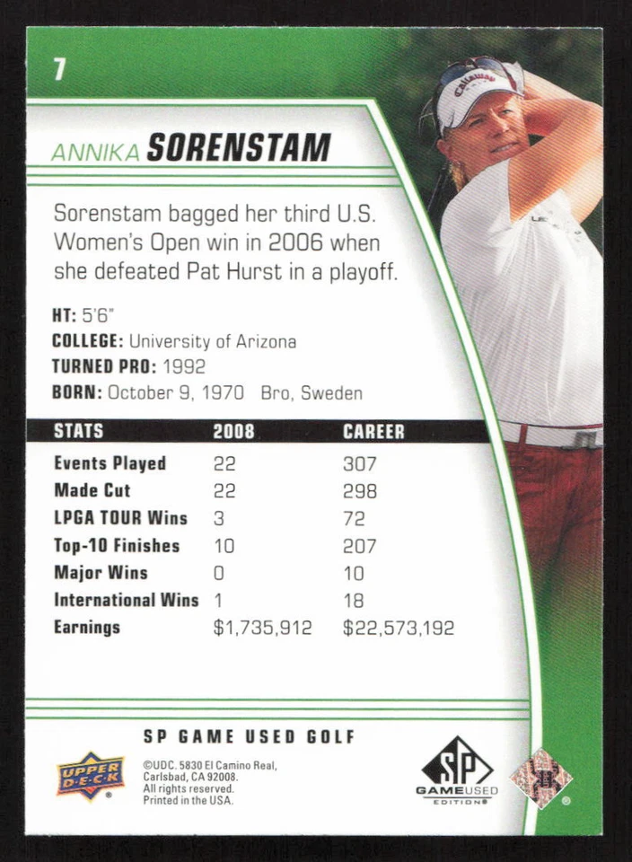 2021 SP Game Used Annika Sorenstam #7 Card - Image 2 of 2