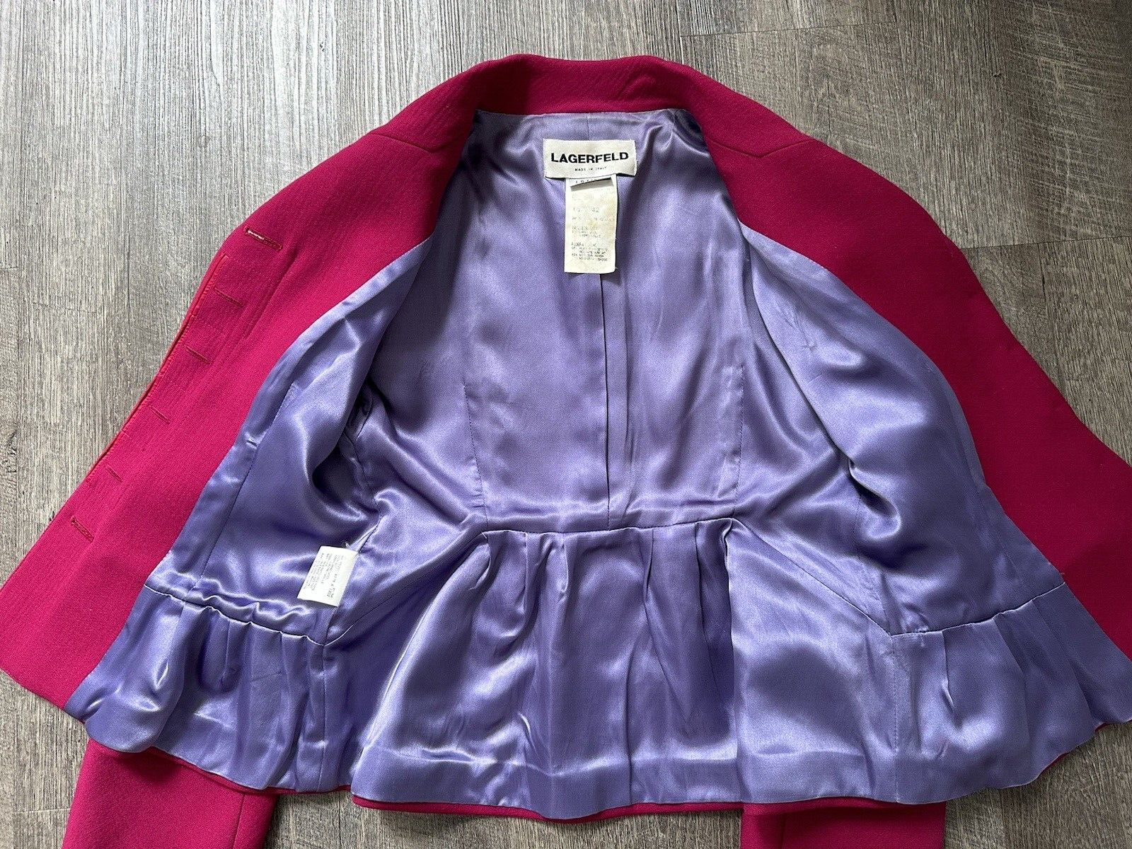 Vintage Authentic 1996 Karl Lagerfeld Wool Pink Peplum Suit Jacket Skirt US 8 image 6
