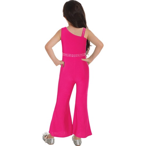 AU Girls Shiny Metallic One Shoulder Catsuit Bell Bottom Jumpsuit Dancewear - Picture 48 of 55