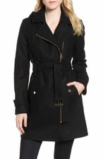 Michael Kors Womens Designer Asymmetrical Belted Walker Black Coat