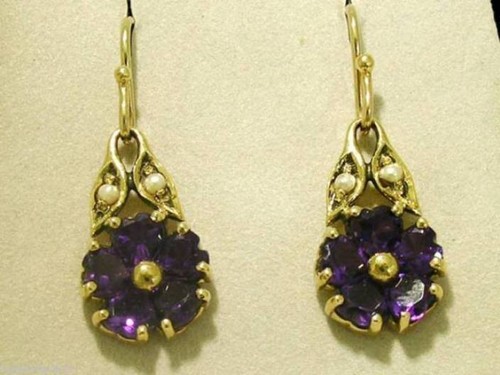 E086- Solid 9K Gold Natural Amethyst & Pearl Blossom Earrings Dangle drop Heart - Picture 2 of 3