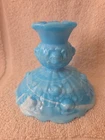 Fenton Blue Slag Glass Candle Holder Cabbage Rose Pattern Vintage