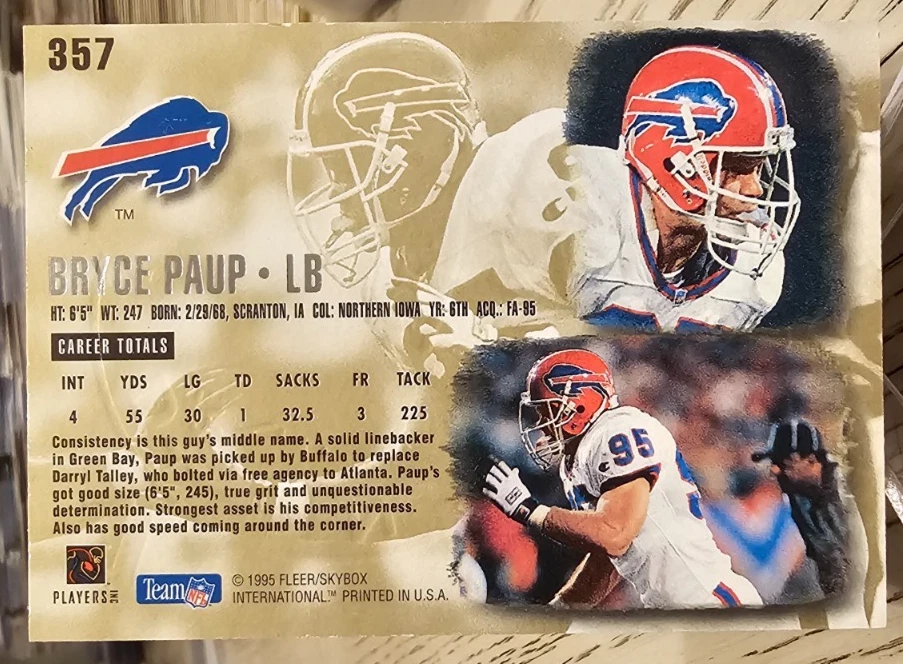 1995 Fleer Ultra Gold Medallion Bryce Paup #357 Buffalo Bills - Image 2 of 2