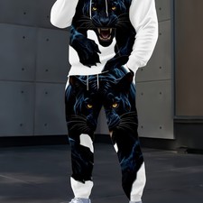 Men's casual hooded sweater set, cool tiger print top  pants two-piece set