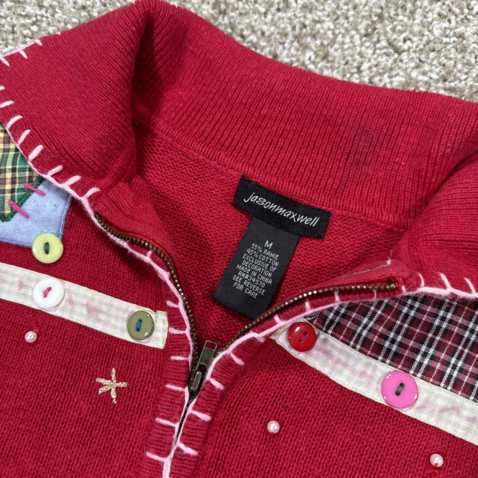Cárdigan Suéter Vintage Navidad Bordado y Cuentas Rojo Cremallera Talla Mediana Foto 2 de 4