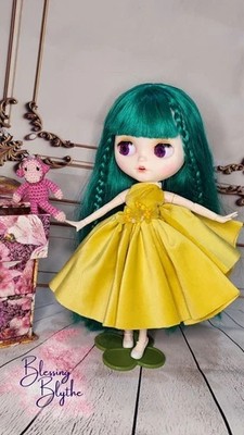 Haute Couture Winterkleid für Blythe Puppe, Handarbeit gelb Mode elegant Eiche