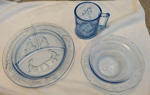 Nursery Rhymes Blue Glass Mug, Plate & Divided Bowl Set Vintage Tiara By RS