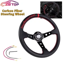 14" Universal 3.5" Deep Dish Carbon Fiber Leather 3 Spokes Steering Wheel 345mm