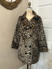 Vintage Glenbrooke 1960s Leopard Print Faux Fur Coat Jacket Black Accent Mod Lrg