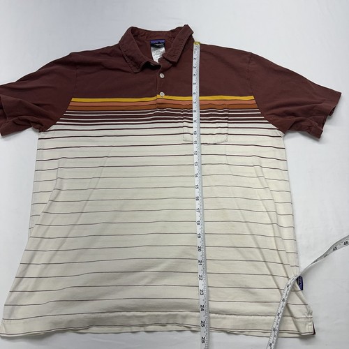 Patagonia Polo Shirt Mens Medium Brown Orange Striped Squeaky Clean Cotton - Picture 9 of 14