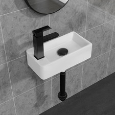 Compact White Wall-Mounted Ceramic Sink with Black Faucet  Drain Set