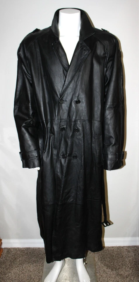 Men's Vintage PHASE TWO Size XLT Black Leather Belted Double Breast Trench Coat - Image 4 of 4
