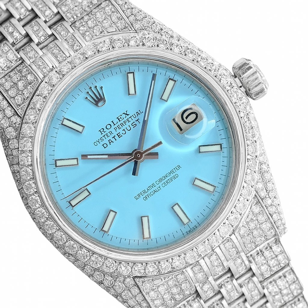 Rolex Datejust Mens Watch Iced Out Genuine Diamonds Blue Index