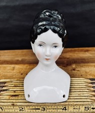 Vintage Glazed Porcelain China Doll Head Blue Eyes Black Molded Hair 4" Tall