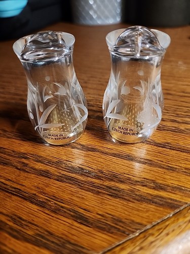 Vintage--(2) Czech Republic Hand Etched Glass Salt & Pepper Shakers 2.1/8 X 1”