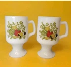 Vtg Corning Ware SPICE Of LIFE Milk Glass Footed Pedestal Set 2 MUGS Mushrooms