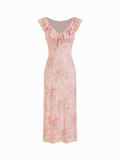 CIDER Floral V-neck Ruffled Sleeve Straight Midi Dress