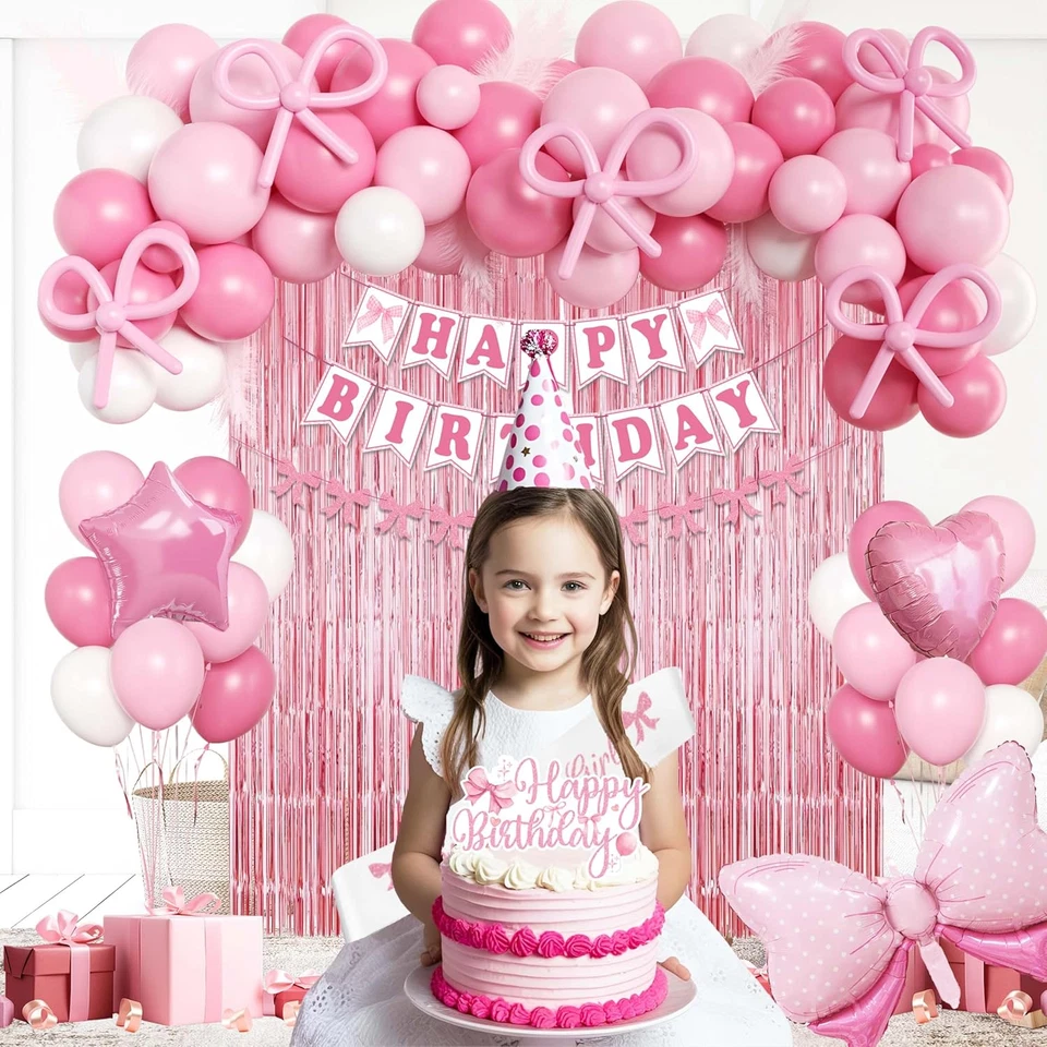 Decoraciones de fiesta de cumpleaños con lazo rosa para mujer, cortinas con flecos prohibición de feliz cumpleaños Foto 3 de 4
