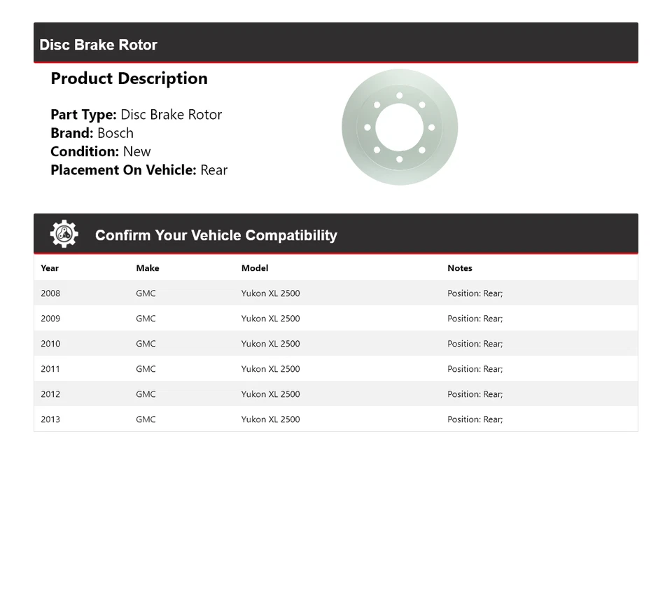 Rotor de freno de disco trasero para GMC Yukon XL 2500 2008-2013 Bosch QuietCast 2009 2010 Foto 2 de 4