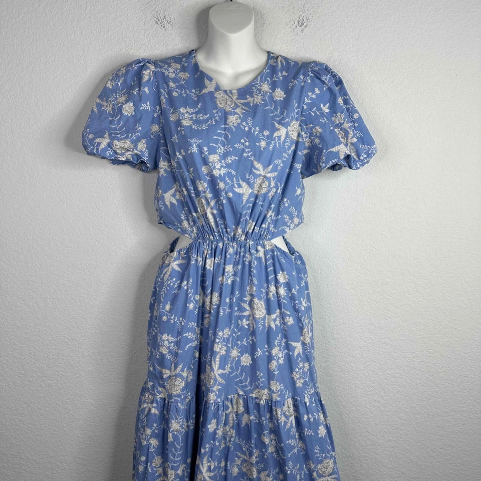 Vestido Wayf para mujer azul medio floral recorte en capas manga abullonada Cottagecore Maxi Foto 3 de 4