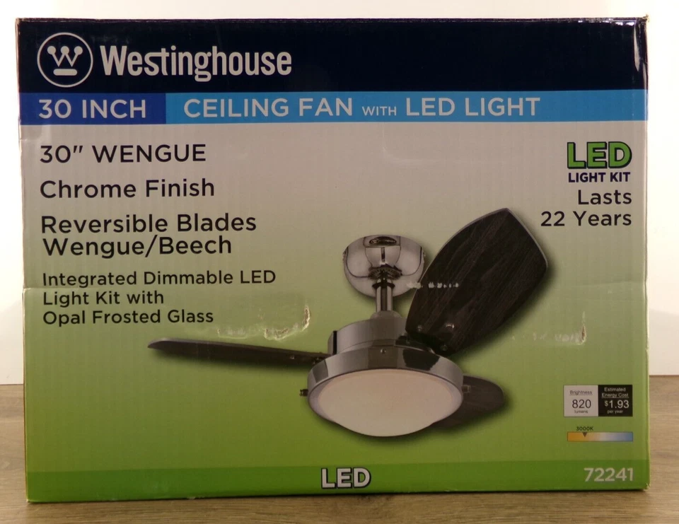 Westinghouse 30" Wengue Ceiling Fan w/LED Light, Chrome Finish, 72241, New A4 - Image 4 of 4