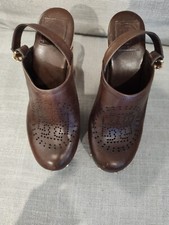 TORY BURCH BRAYDEN Perforated Leather Wood Platform Heel Slingback Clog 8.5