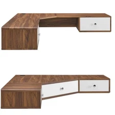 Floating Corner Desk Wall Mount Walnut Laminate White 2 or 3 Drawers 55” or 47"