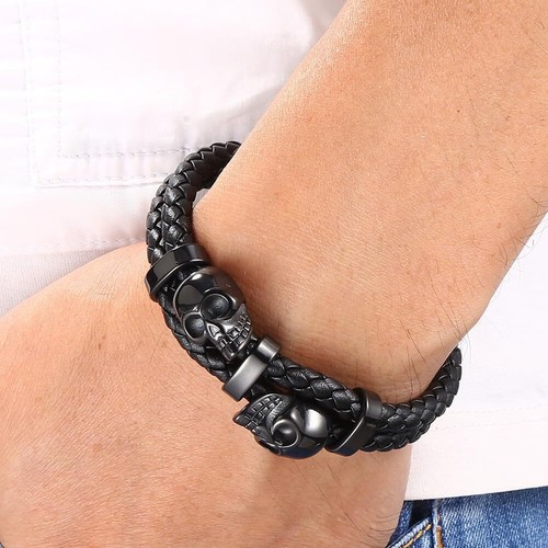 Pulsera Calavera Acero Inoxidable Cuero Trenzado Esqueleto Pulsera Punk Joyería - Imagen 20 de 35