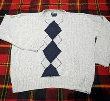 Vintage Trader Bay Grey Cable Knit Fisherman Sweater Geometric Sz L USA Made