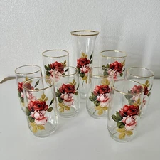 Vintage MCM West Virginia Glass Radian Rose Drinking Glasses, Vase, Goblet 1950s