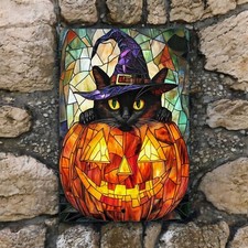 Halloween Black Cat Pumpkin Metal Sign   Fall Wall Decor, 8x12