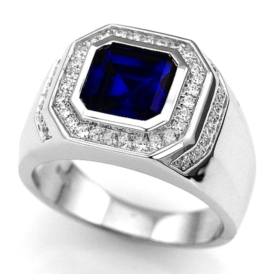 Piedras preciosas de zafiro azul corte esmeralda con anillo de plata de ley 925 para hombre #3 Foto 3 de 4