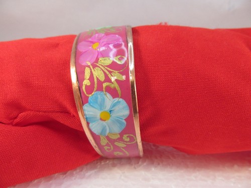 Colorful Enamel Flowers on Copper Cuff Bracelet - Picture 12 of 13