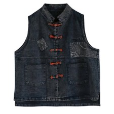 Gilet Denim Donna Top Loose Casual Etnico Con Bottone A Ranocchio Retro
