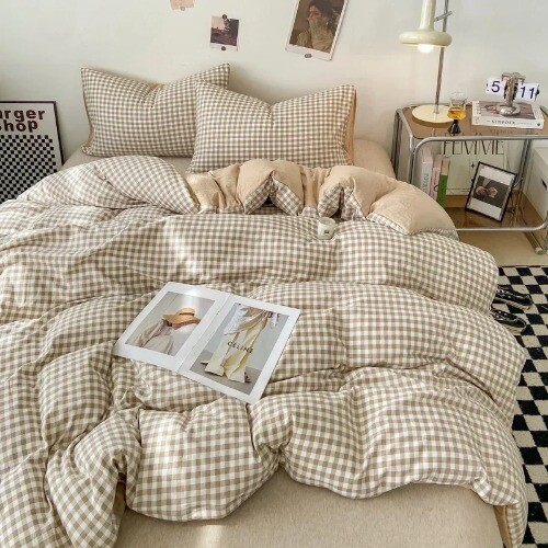 Japanese Style Check Queen Duvet Cover Set 1/3 Pcs Soft Washed Quilt Cover - Bild 1 von 36