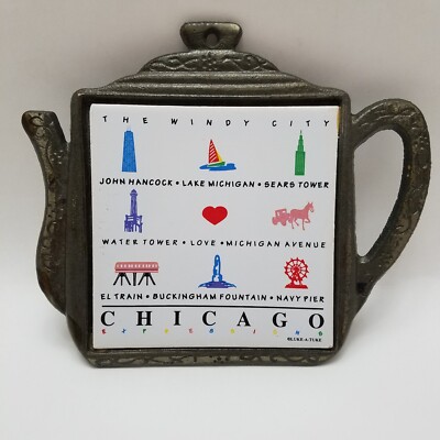 Vintage Chicago Trivet Cast Iron Tea Pot Shaped Tile Souvenir 7 inch by 6 inch