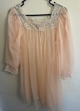 Vtg Lisette Peach Chiffon Overlay Short Nightgown Lace Trim Sz Medium Open Front