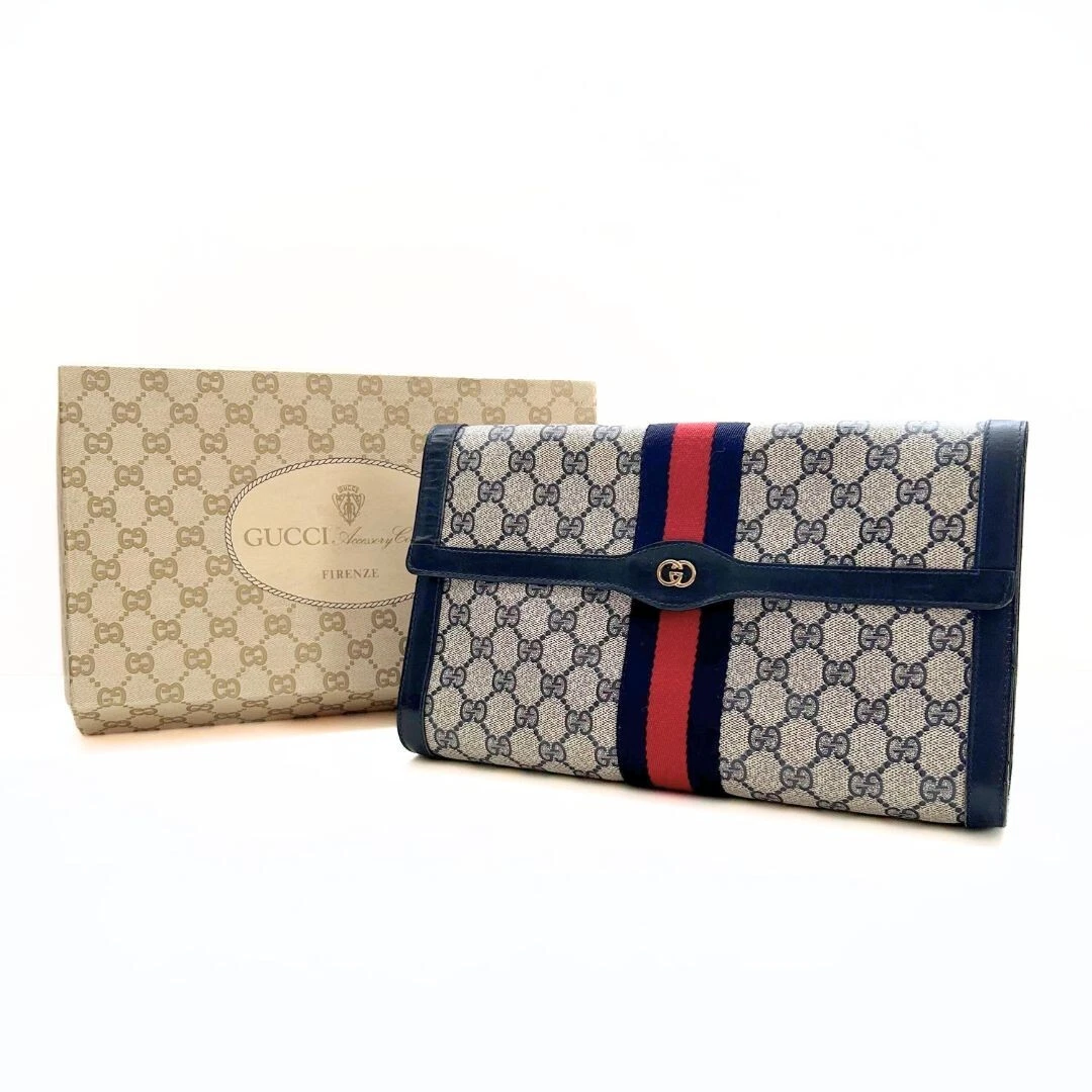 GUCCI Ancien sac pochette Gucci Sherry Line PVC cuir marine rouge authentique avec boîte