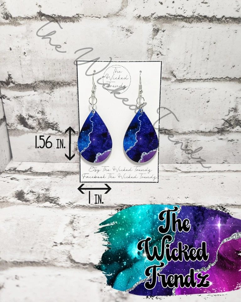 Pendientes colgantes azul púrpura rosa ágata con estampado de mármol joyería Foto 2 de 4