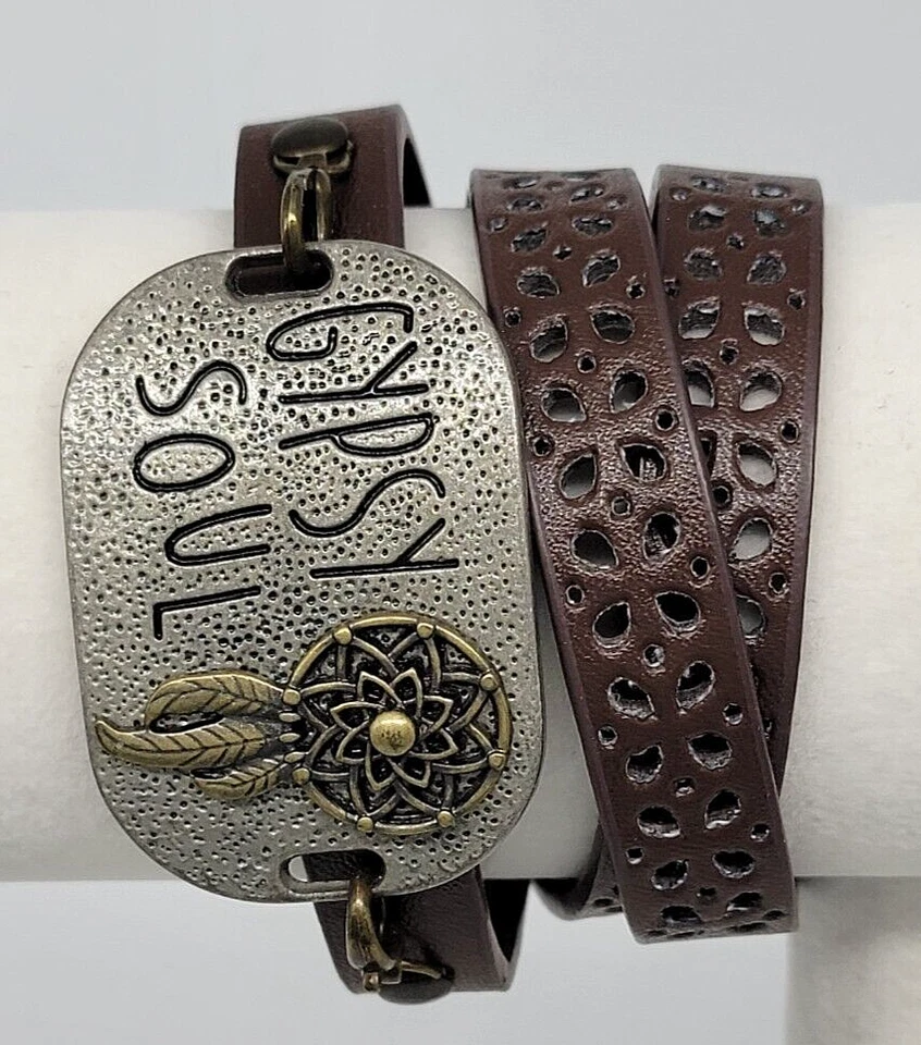 Pulsera Gitana Soul Wrap Ajustable Cuero Marrón A Presión Metal Atrapasueños Boho Foto 3 de 4