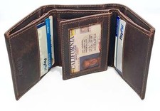 RFID Blocking Hunter Brown Leather Men's Trifold Wallet Center Flap