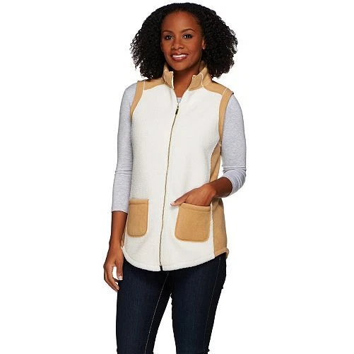Susan Graver Size 1X Ivory Camel Bonded Polar Fleece Zip Front