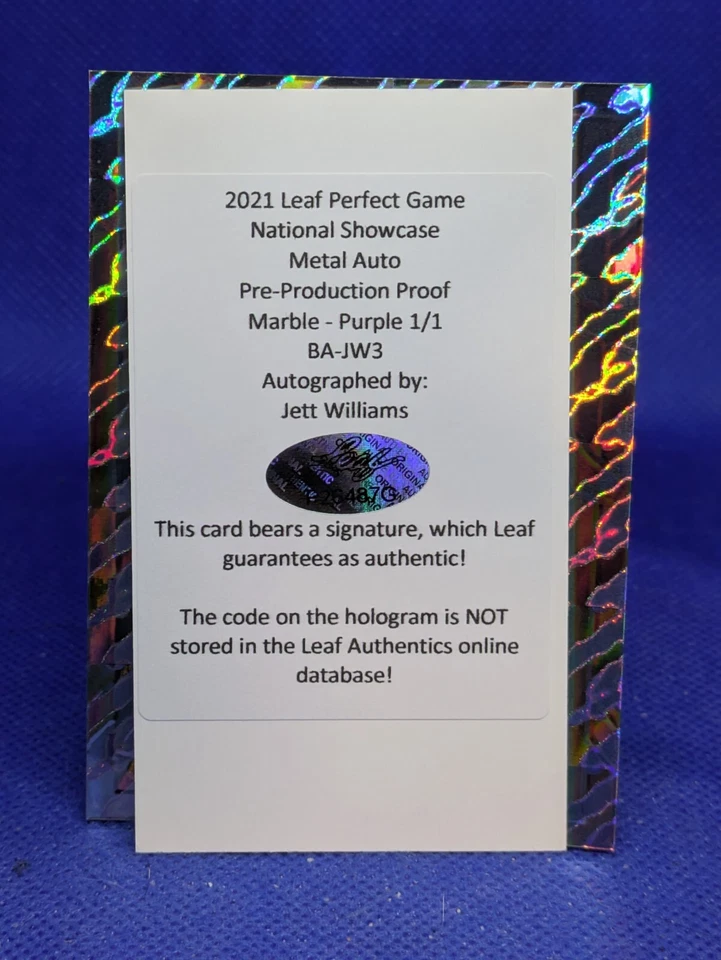2021 Jett Williams Leaf Perfect Game Metal Proof Marble Purple Auto #BA-JW3 1/1 - Image 3 of 3