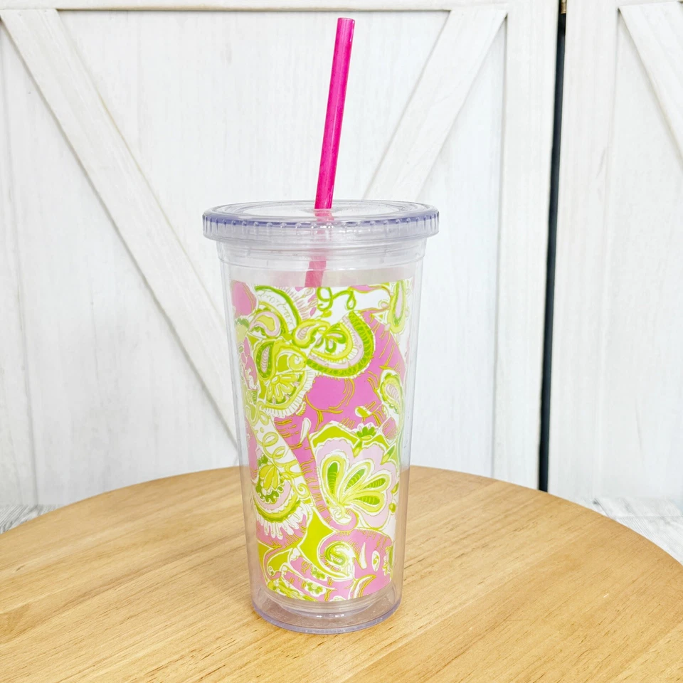 Copo de acrílico Lilly Pulitzer Elephants rosa verde 20 oz tampa palha - Imagem 2 de 4