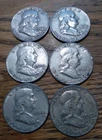 Lot of 6 Franklin Half Dollars - 1958, 1959, 1960, 1961, 1962,  1963  90% Silver