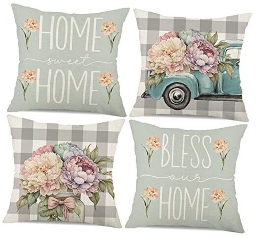 Farmhouse Spring Summer Pillow Covers 18x18 Set of 4 Buffalo Plaid Flower