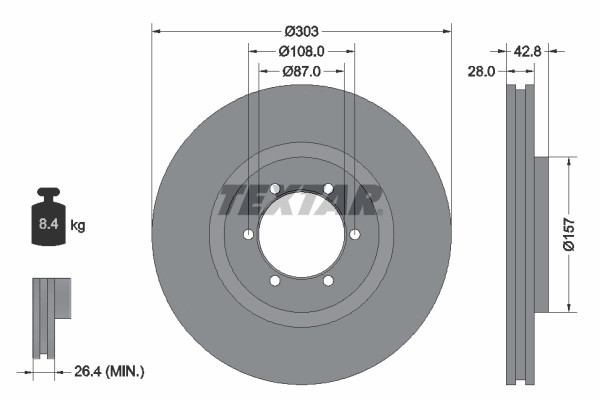 Disques de frein Textar 92180003 anti-bruit pour moyeu de roue Hyundai 6 trous