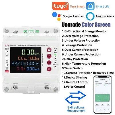 Tuya WiFi Smart Bidirectional Energy Meter kWh Power Earth Leakage Timer Switch