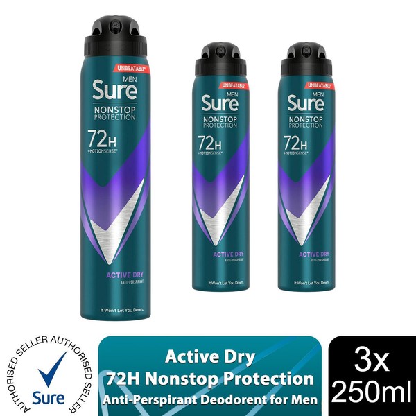 Sure Men Antitranspirante 72H Protección Sin Parar Desodorante Activo Seco, 3x250ml