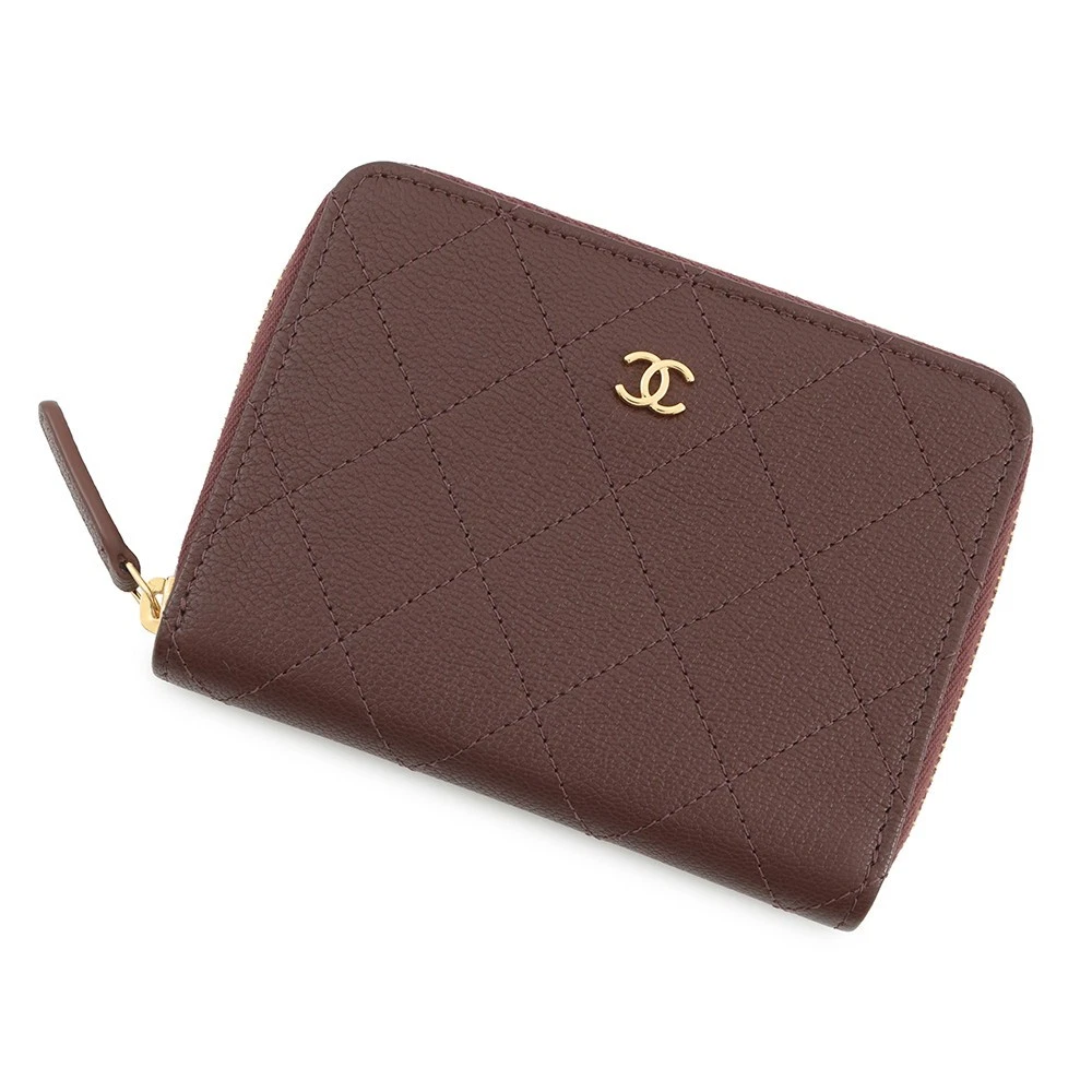 Chanel — CHANEL CC Logo Round Zip Compact Wallet Grained Goatskin Leather Brown AP4918